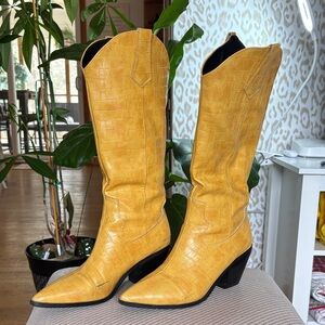 Yellow Croc-Embossed Cowboy Boots